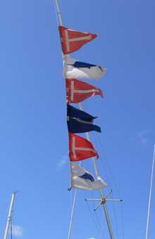 6 flags flying on the outrigger signify that we released a grandslam, sailfish, white marlin and blue marlin